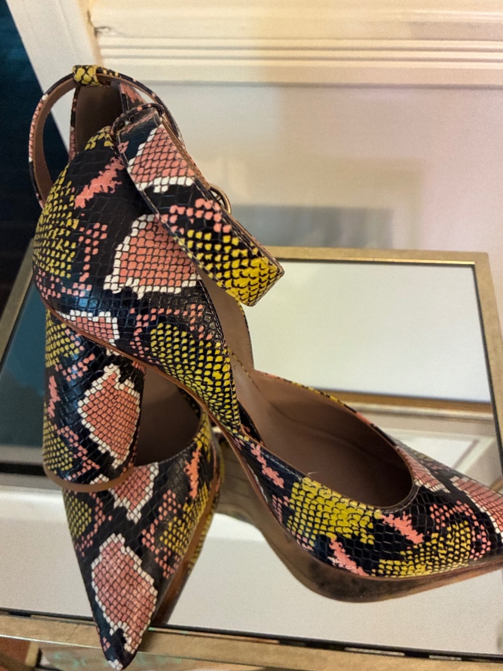 Deltan multi color ankle strap shoes size 8M 3.5inch high.